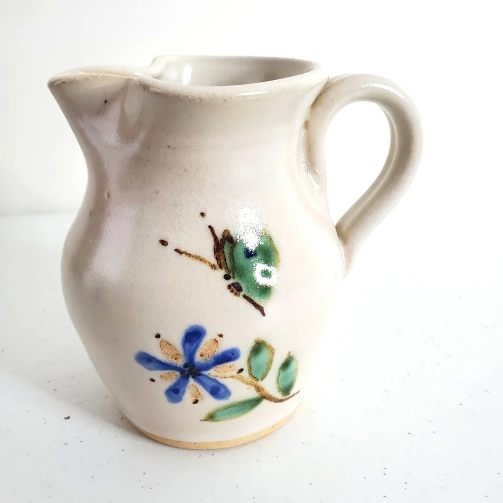 Vintage Dover Pottery Pitcher Artist Signed DBG 1984 Floral Butterfly Vase‎